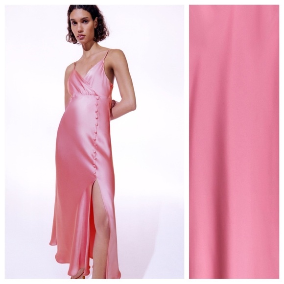 NWT. Zara Pink Satin Effect V-neck Midi Dress. Size S. - Picture 2 of 10